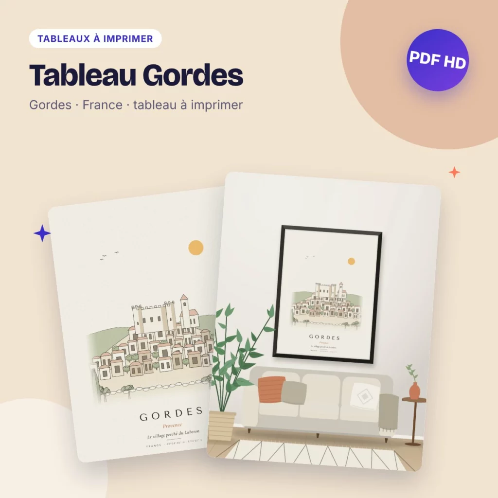 Tableau Gordes – le village perché du Luberon, dessin ligne claire