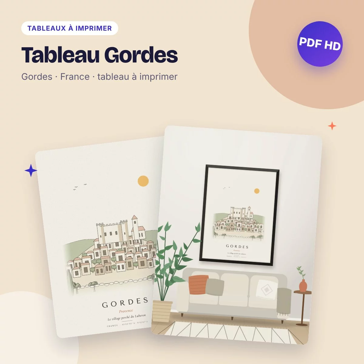 Tableau Gordes – le village perché du Luberon, dessin ligne claire