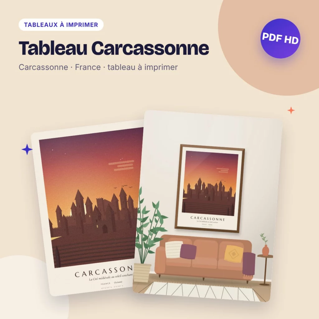 Tableau Carcassonne – la Cité médiévale au coucher du soleil, PDF HD