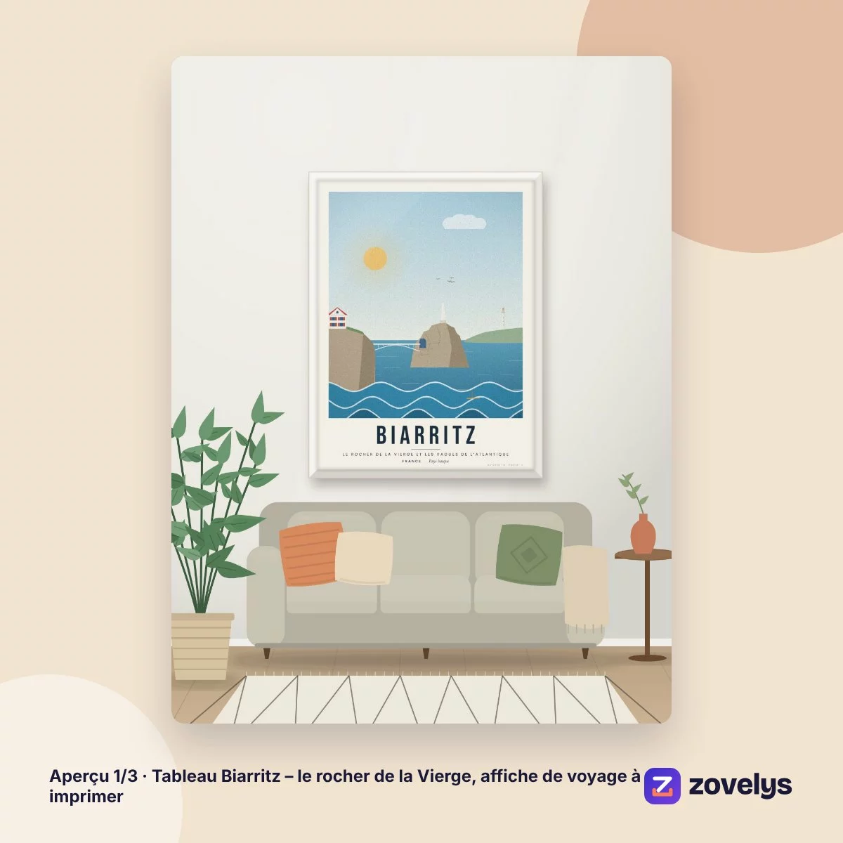 Tableau Biarritz – le rocher de la Vierge, affiche de voyage à imprimer – aperçu 1