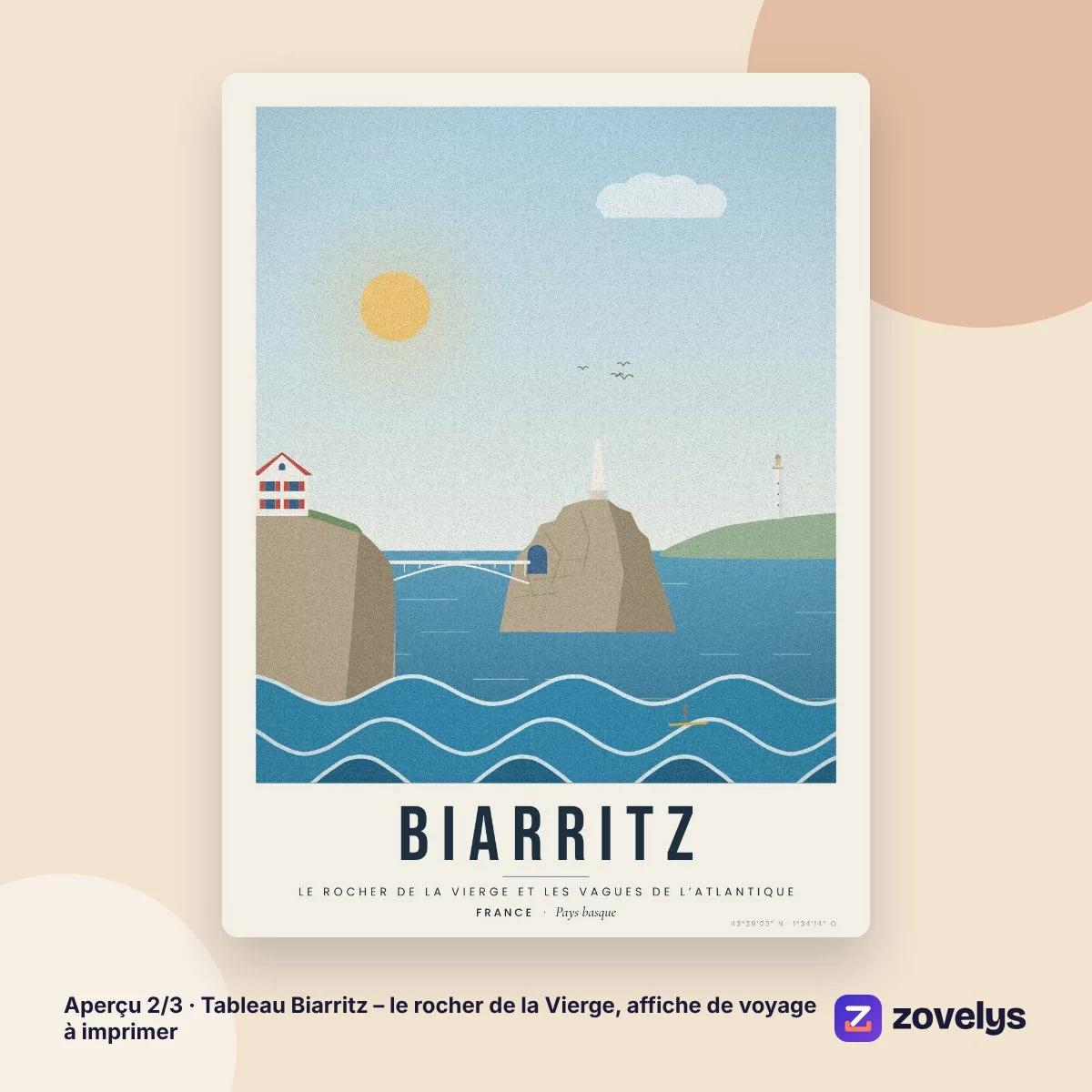 Tableau Biarritz – le rocher de la Vierge, affiche de voyage à imprimer – aperçu 2