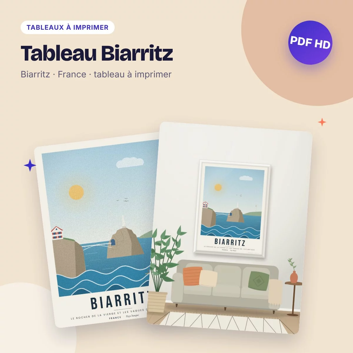 Tableau Biarritz – le rocher de la Vierge, affiche de voyage à imprimer