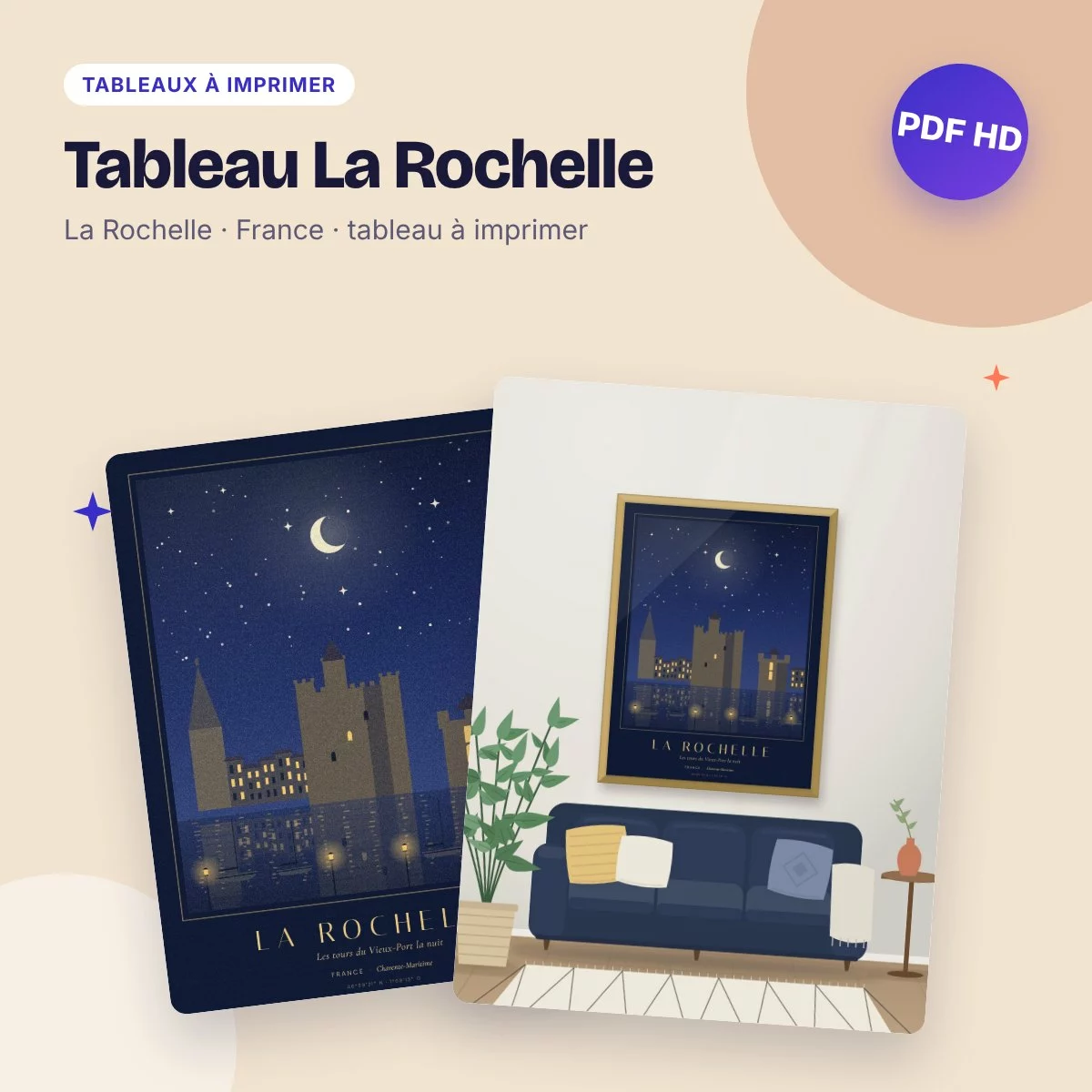Tableau La Rochelle – les tours du Vieux-Port la nuit, PDF haute qualité