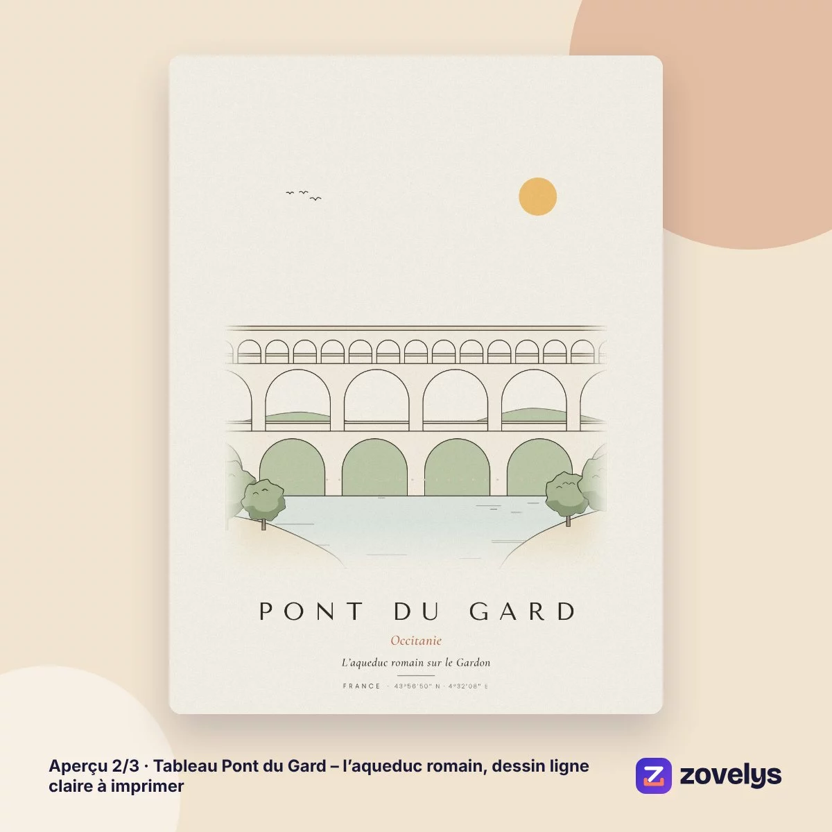 Tableau Pont du Gard – l’aqueduc romain, dessin ligne claire à imprimer – aperçu 2
