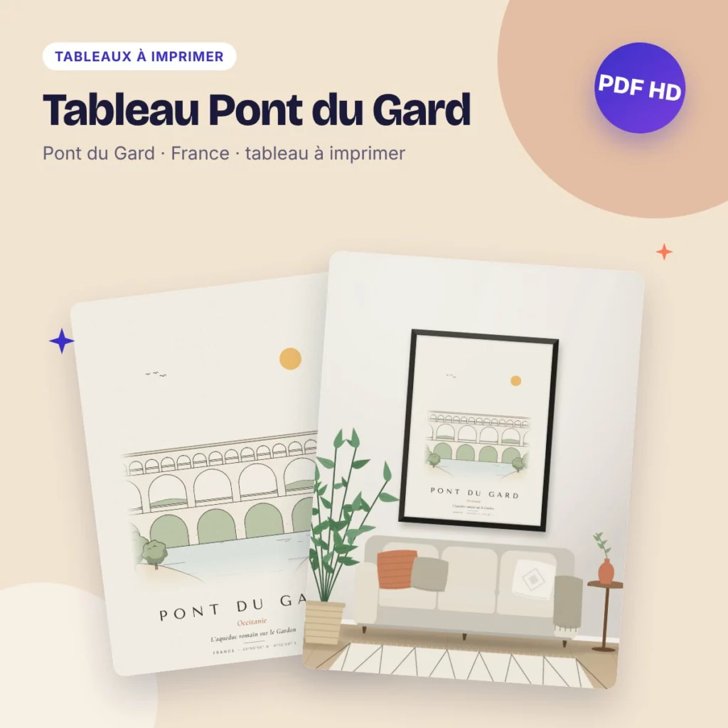 Tableau Pont du Gard – l’aqueduc romain, dessin ligne claire à imprimer
