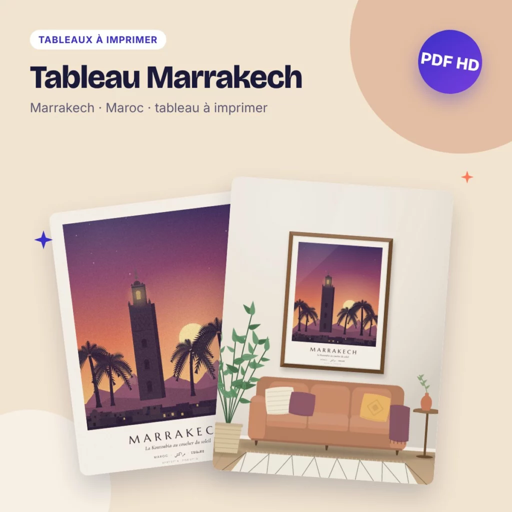 Tableau Marrakech – la Koutoubia au coucher du soleil, PDF haute qualité
