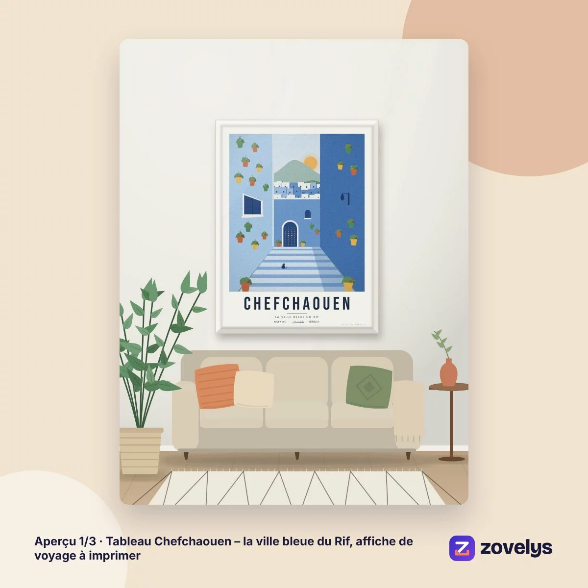 Tableau Chefchaouen – la ville bleue du Rif, affiche de voyage à imprimer – aperçu 1