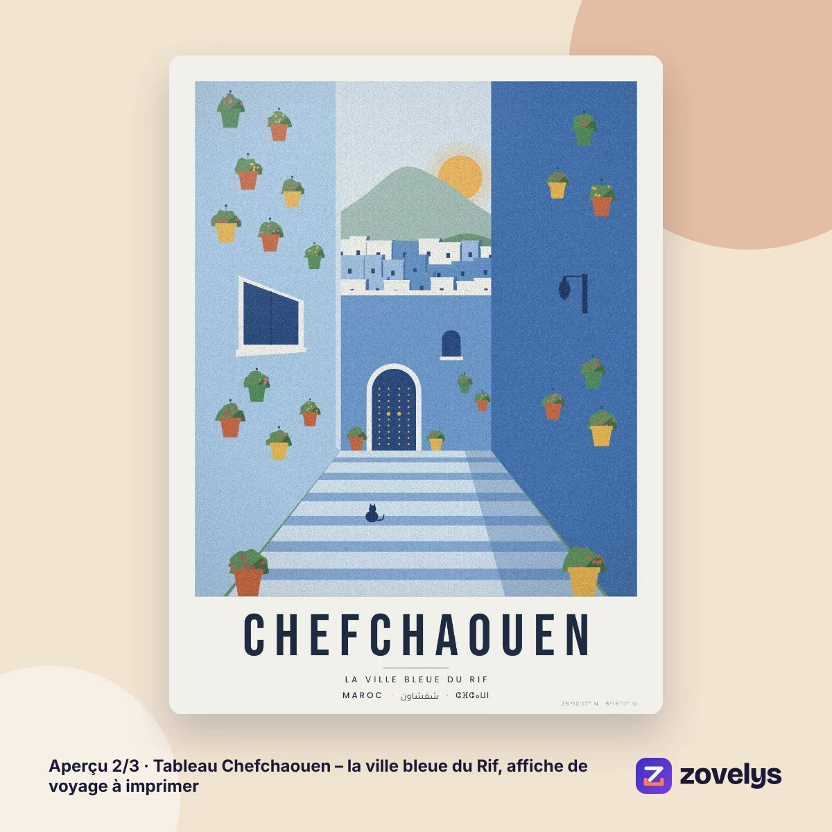 Tableau Chefchaouen – la ville bleue du Rif, affiche de voyage à imprimer – aperçu 2