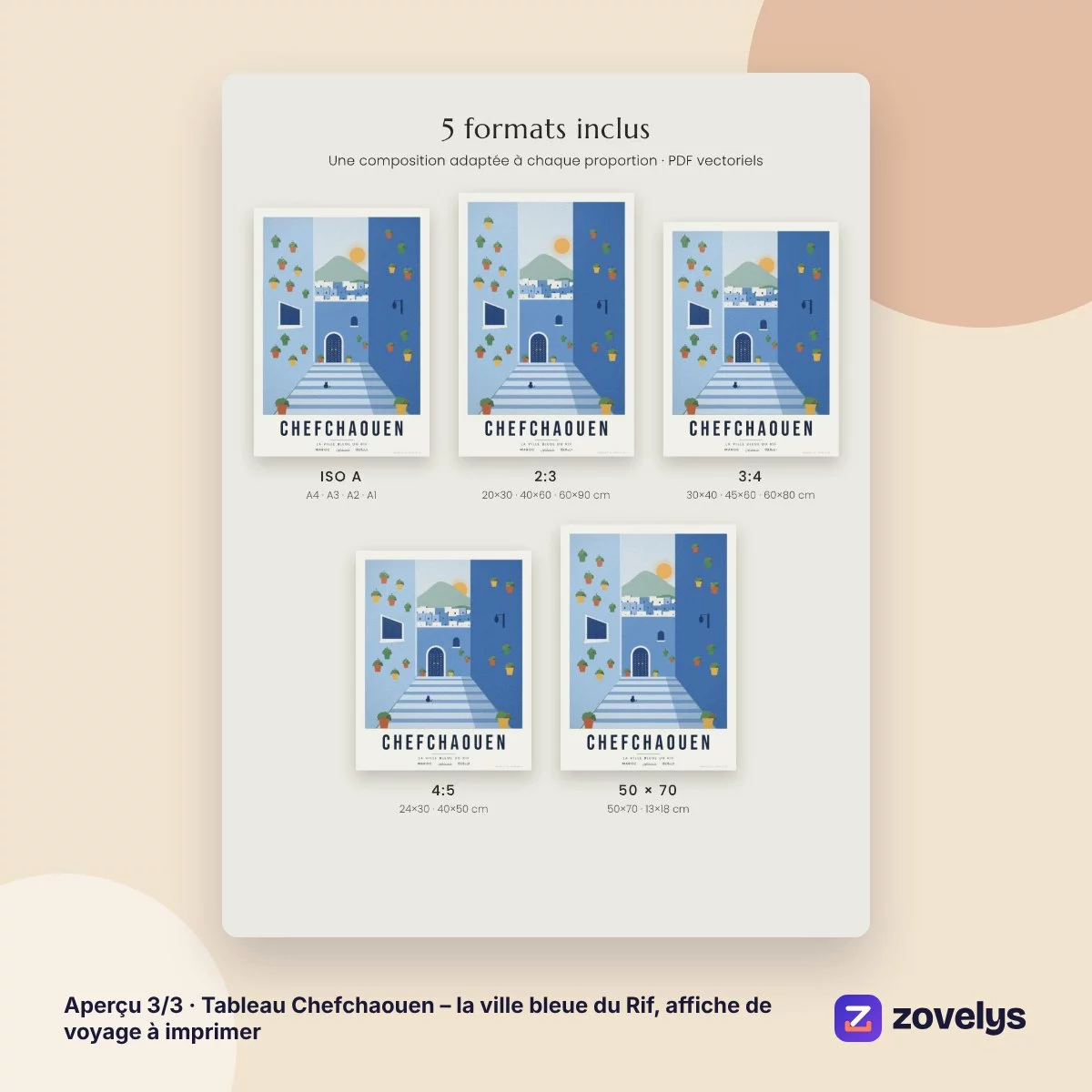 Tableau Chefchaouen – la ville bleue du Rif, affiche de voyage à imprimer – aperçu 3