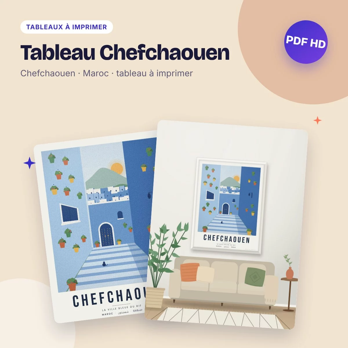 Tableau Chefchaouen – la ville bleue du Rif, affiche de voyage à imprimer