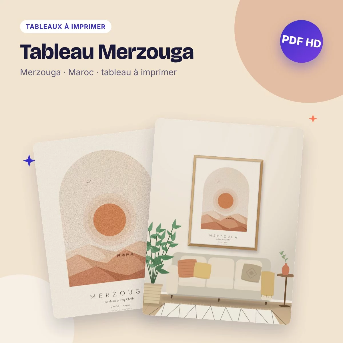 Tableau Merzouga – les dunes de l’erg Chebbi, déco bohème à imprimer