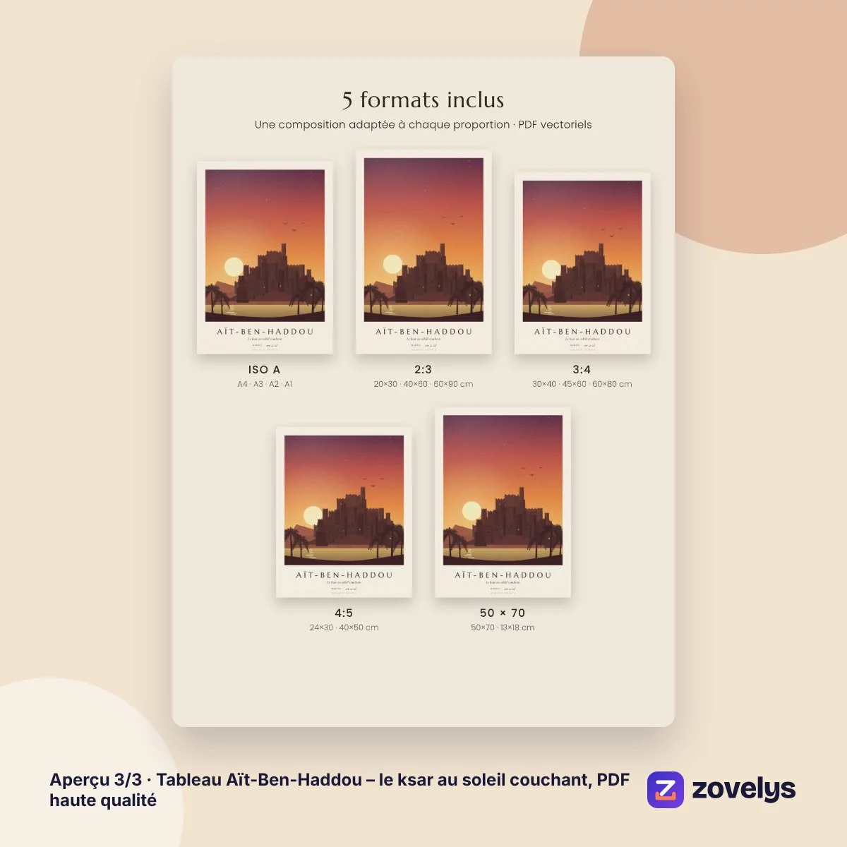 Tableau Aït-Ben-Haddou – le ksar au soleil couchant, PDF haute qualité – aperçu 3