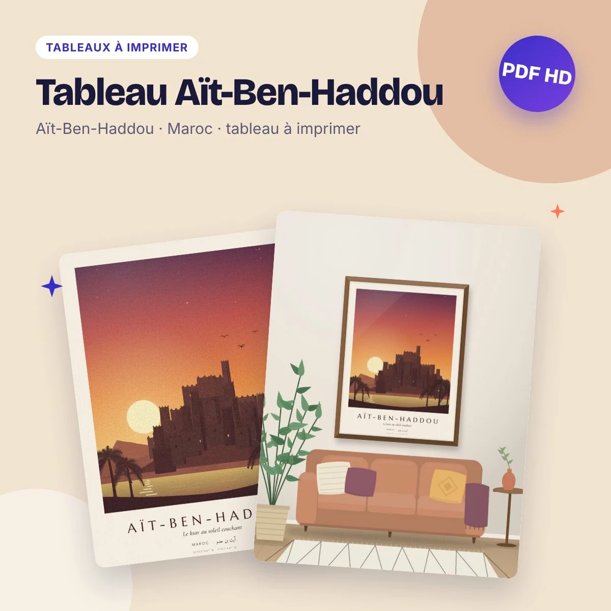 Tableau Aït-Ben-Haddou – le ksar au soleil couchant, PDF haute qualité