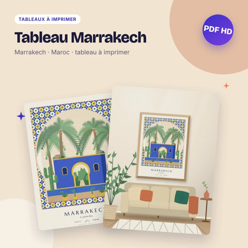 Tableau Marrakech – le jardin bleu, cactus et palmiers, PDF à imprimer