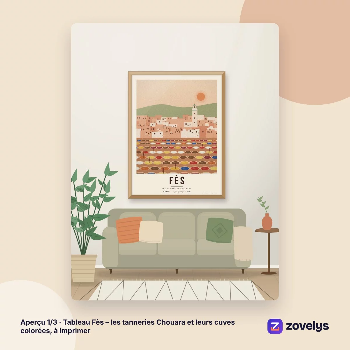 Tableau Fès – les tanneries Chouara et leurs cuves colorées, à imprimer – aperçu 1