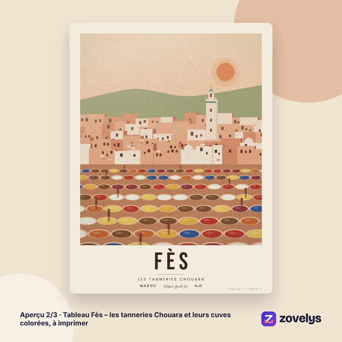 Tableau Fès – les tanneries Chouara et leurs cuves colorées, à imprimer – aperçu 2