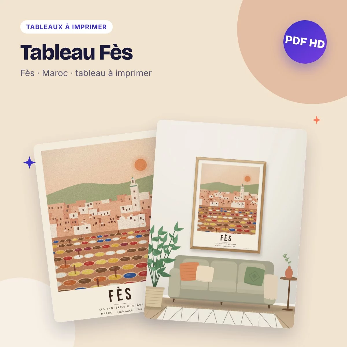Tableau Fès – les tanneries Chouara et leurs cuves colorées, à imprimer