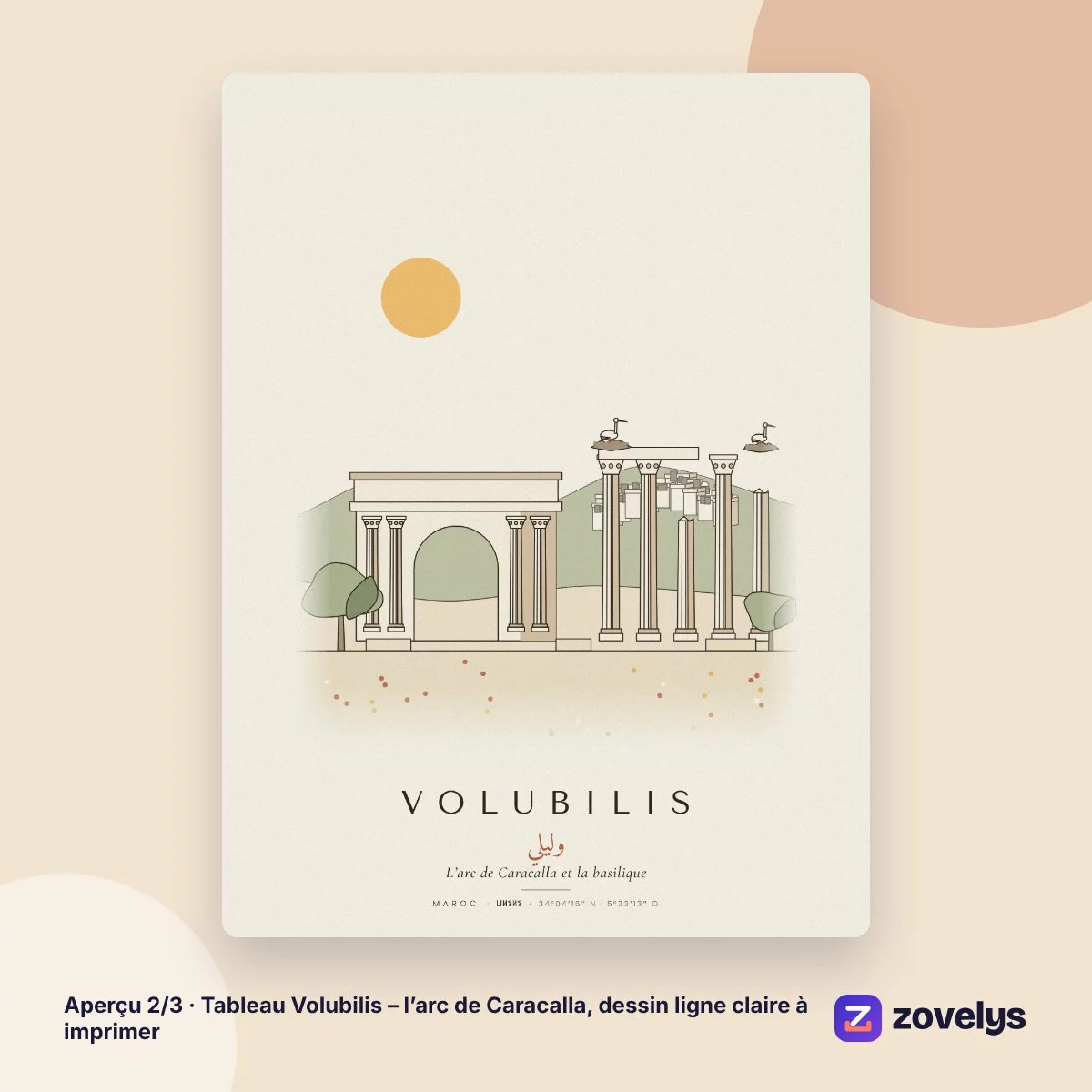 Tableau Volubilis – l’arc de Caracalla, dessin ligne claire à imprimer – aperçu 2