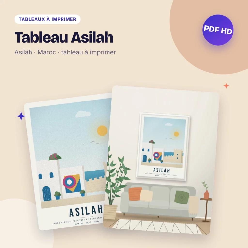 Tableau Asilah – murs blancs et remparts sur l’océan, affiche à imprimer