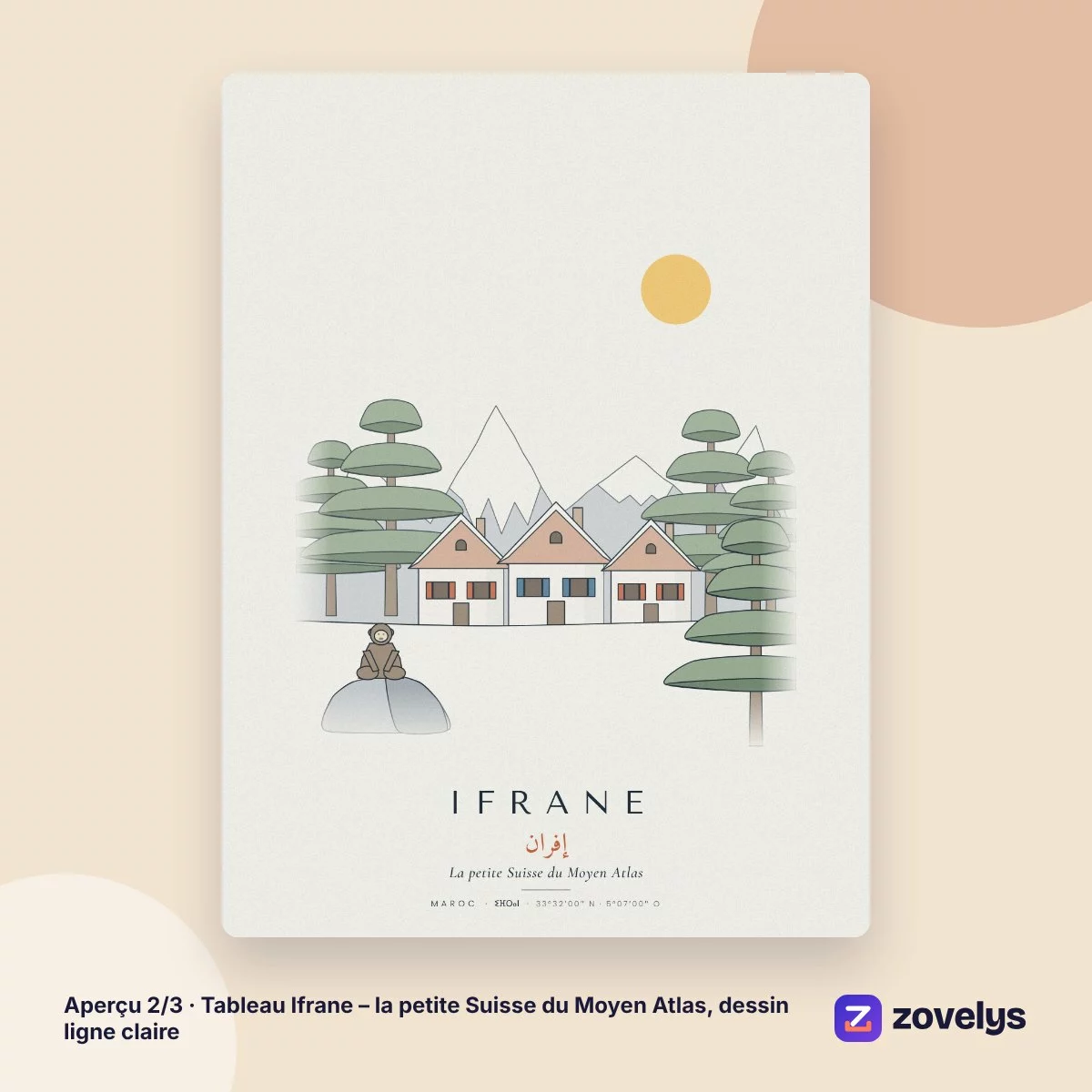 Tableau Ifrane – la petite Suisse du Moyen Atlas, dessin ligne claire – aperçu 2