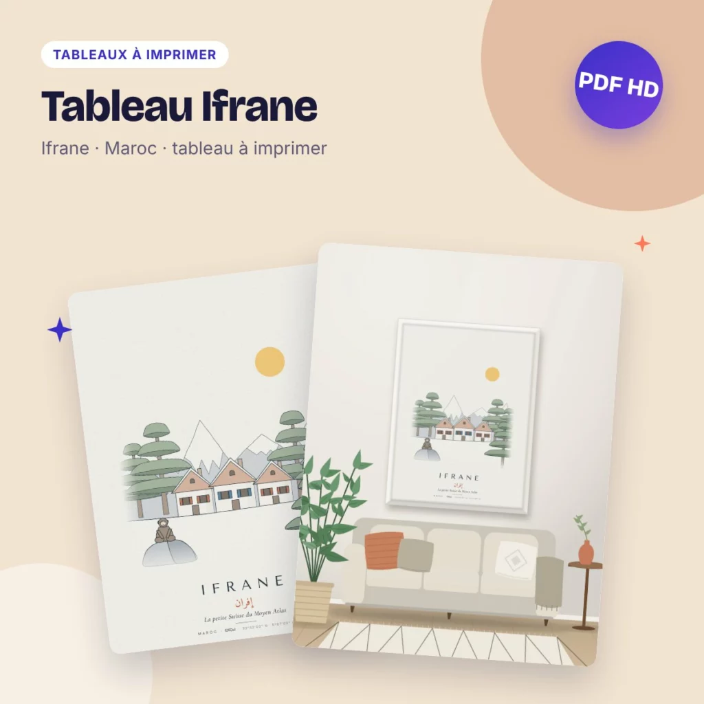 Tableau Ifrane – la petite Suisse du Moyen Atlas, dessin ligne claire