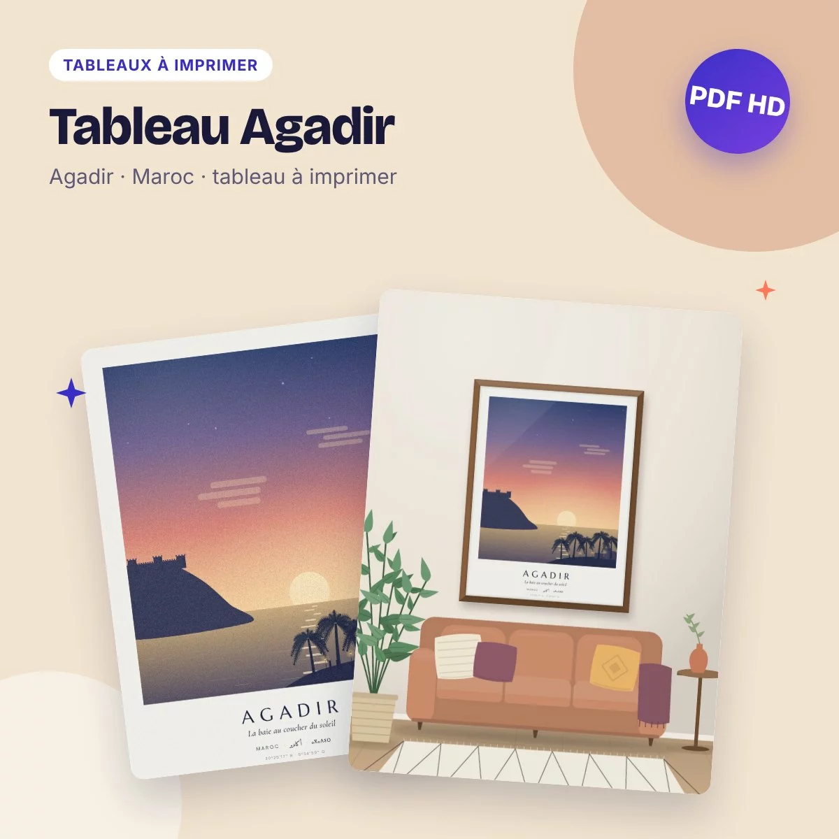 Tableau Agadir – la baie au coucher du soleil, PDF haute qualité