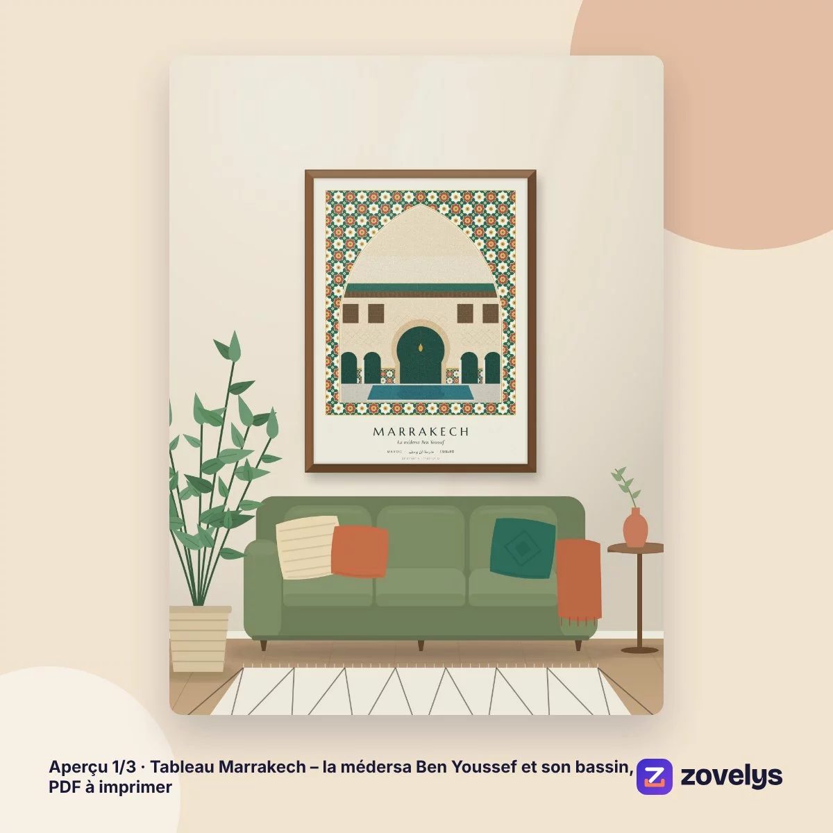 Tableau Marrakech – la médersa Ben Youssef et son bassin, PDF à imprimer – aperçu 1