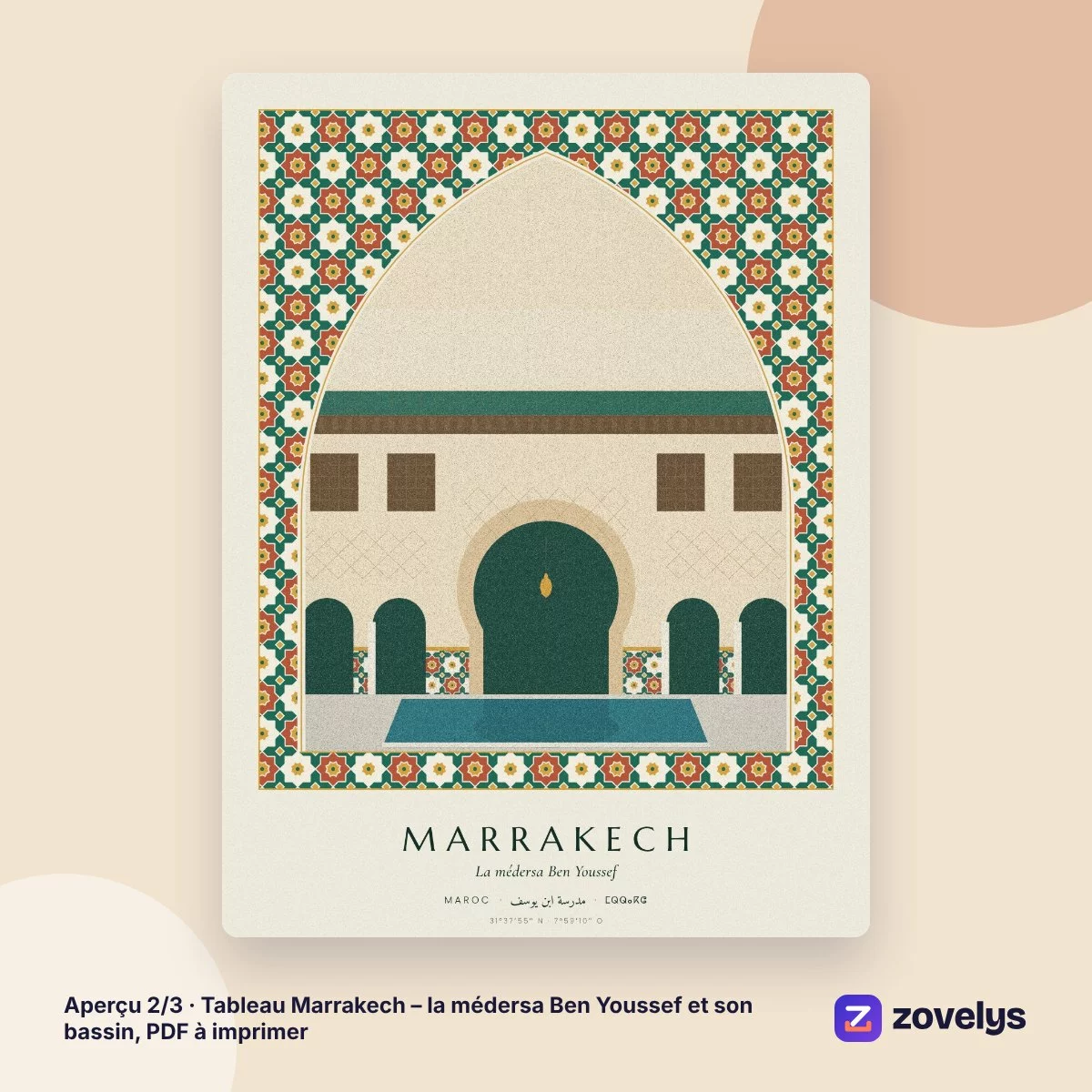 Tableau Marrakech – la médersa Ben Youssef et son bassin, PDF à imprimer – aperçu 2
