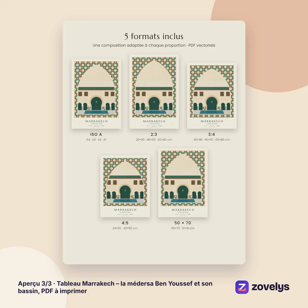 Tableau Marrakech – la médersa Ben Youssef et son bassin, PDF à imprimer – aperçu 3