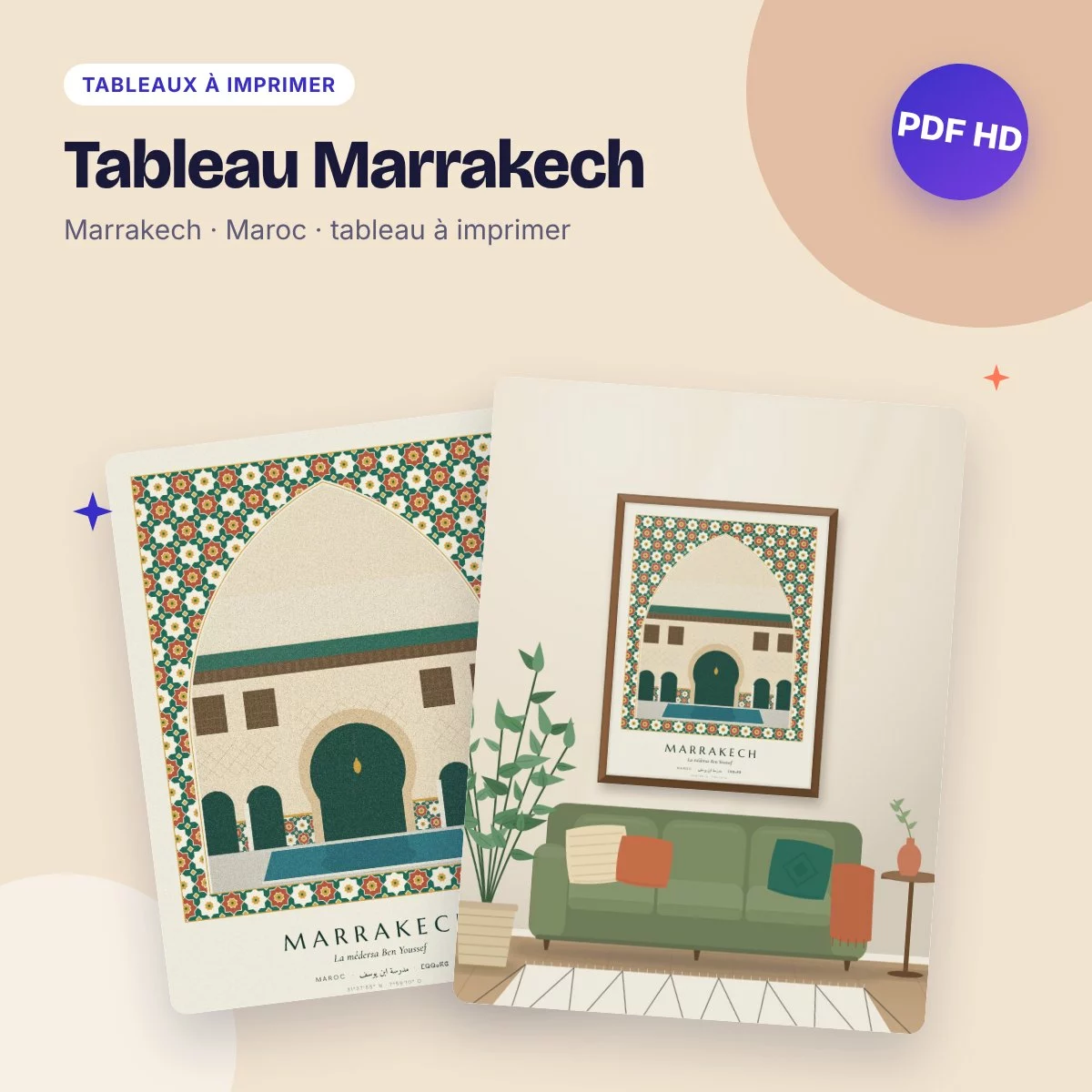 Tableau Marrakech – la médersa Ben Youssef et son bassin, PDF à imprimer