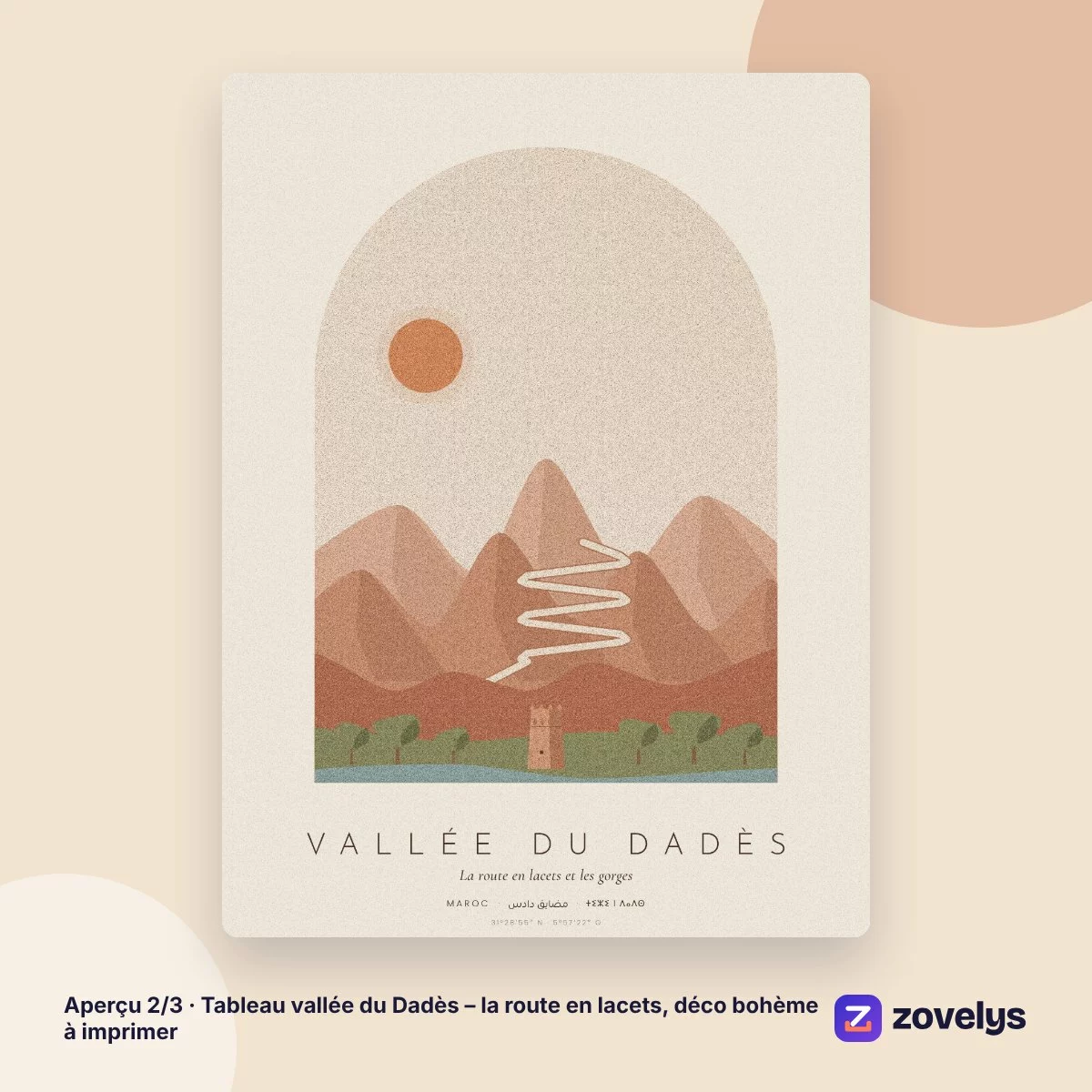 Tableau vallée du Dadès – la route en lacets, déco bohème à imprimer – aperçu 2
