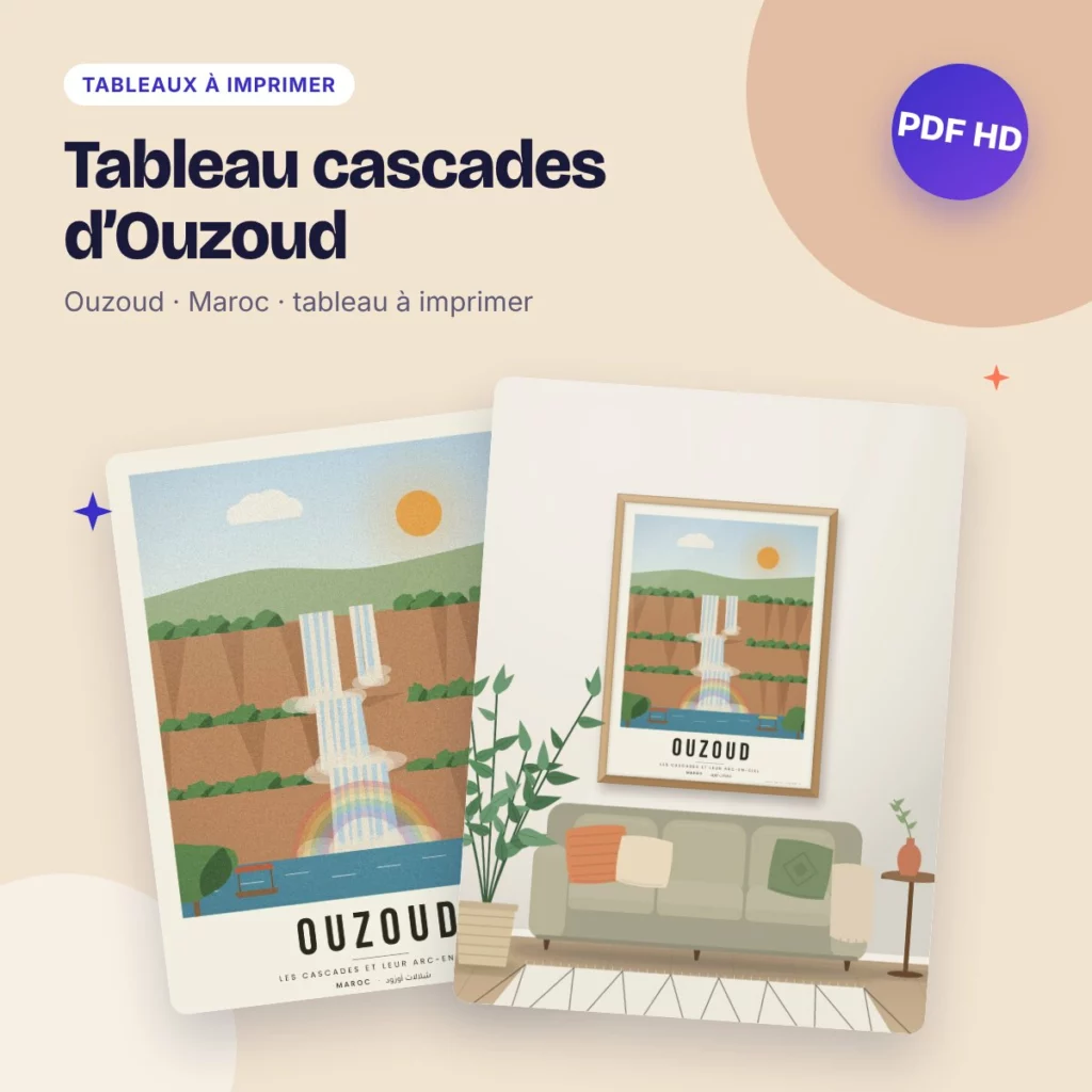 Tableau cascades d’Ouzoud – les chutes et l’arc-en-ciel, à imprimer
