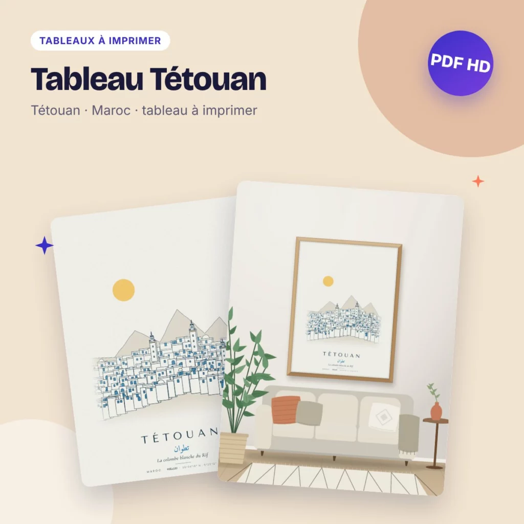 Tableau Tétouan – la médina blanche, dessin ligne claire à imprimer