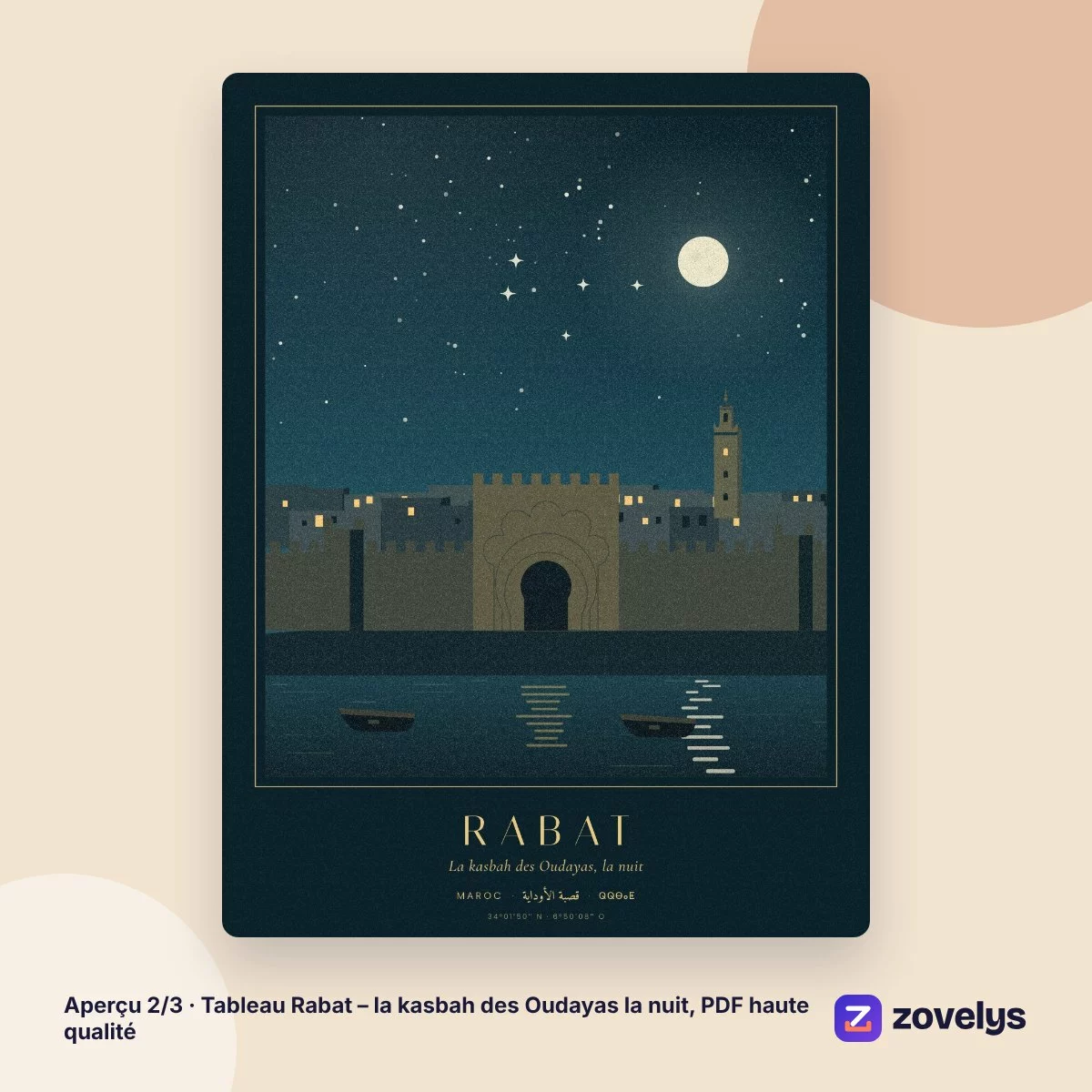 Tableau Rabat – la kasbah des Oudayas la nuit, PDF haute qualité – aperçu 2