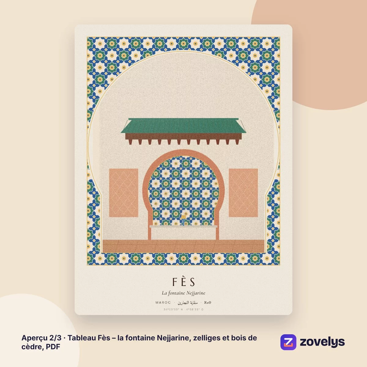Tableau Fès – la fontaine Nejjarine, zelliges et bois de cèdre, PDF – aperçu 2