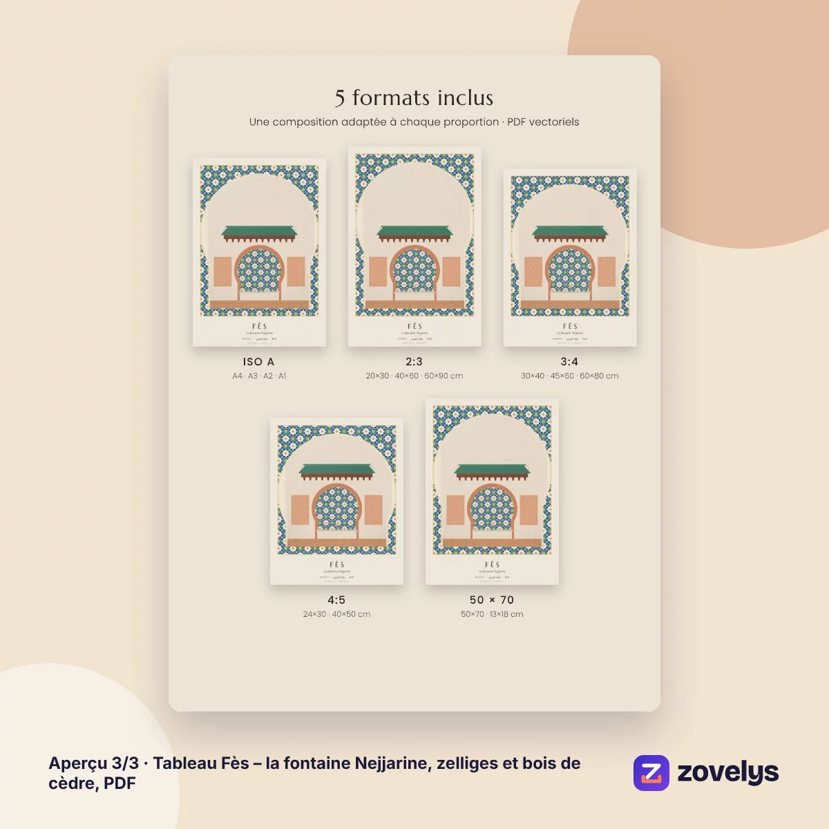 Tableau Fès – la fontaine Nejjarine, zelliges et bois de cèdre, PDF – aperçu 3