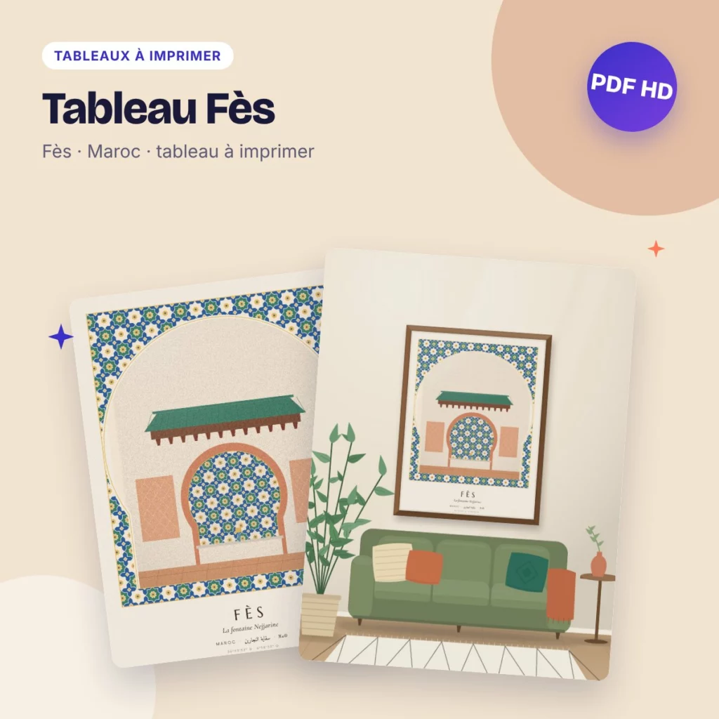 Tableau Fès – la fontaine Nejjarine, zelliges et bois de cèdre, PDF