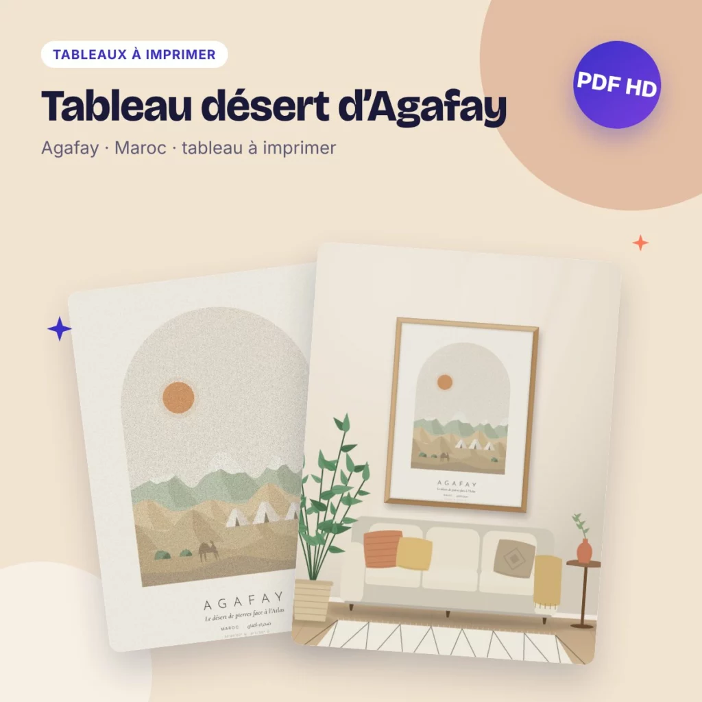Tableau désert d’Agafay – les collines face à l’Atlas, déco bohème