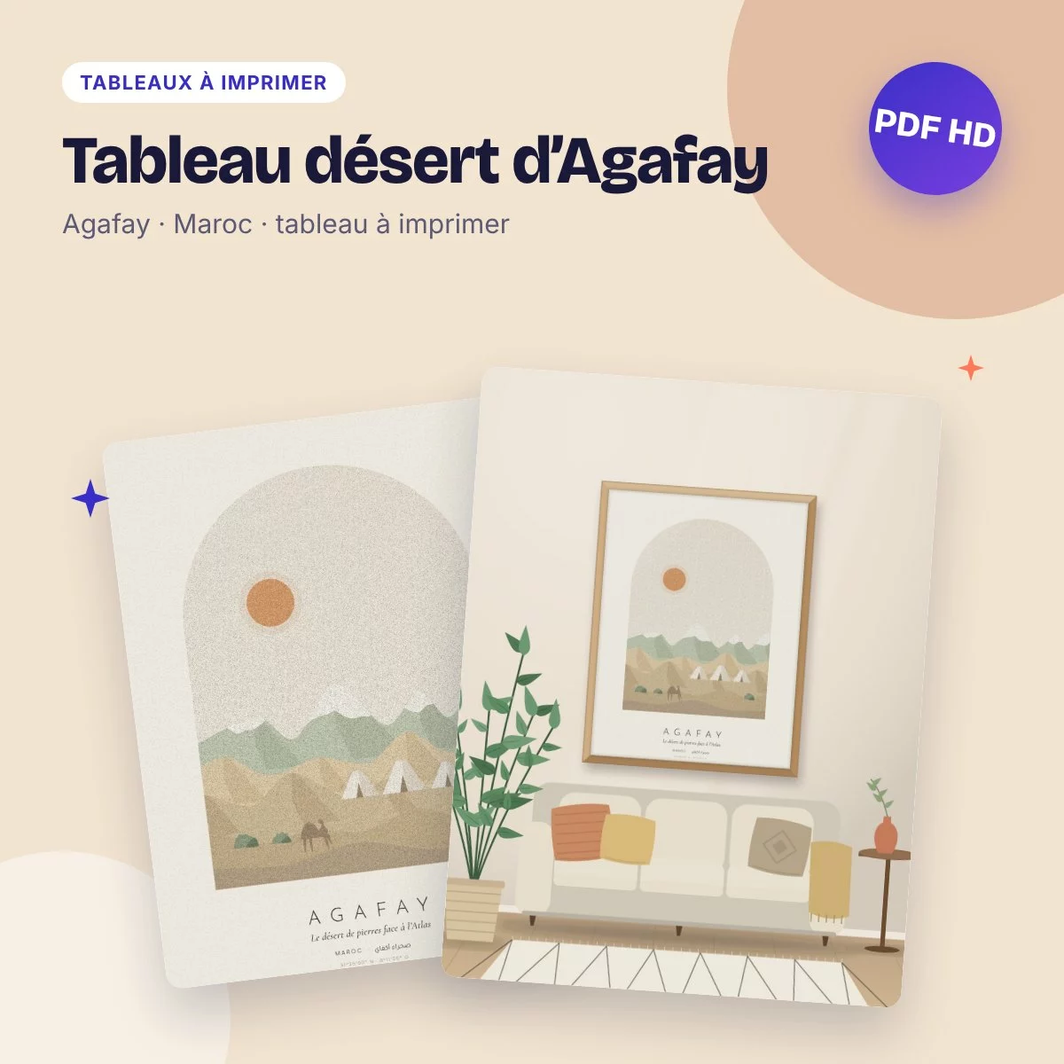 Tableau désert d’Agafay – les collines face à l’Atlas, déco bohème