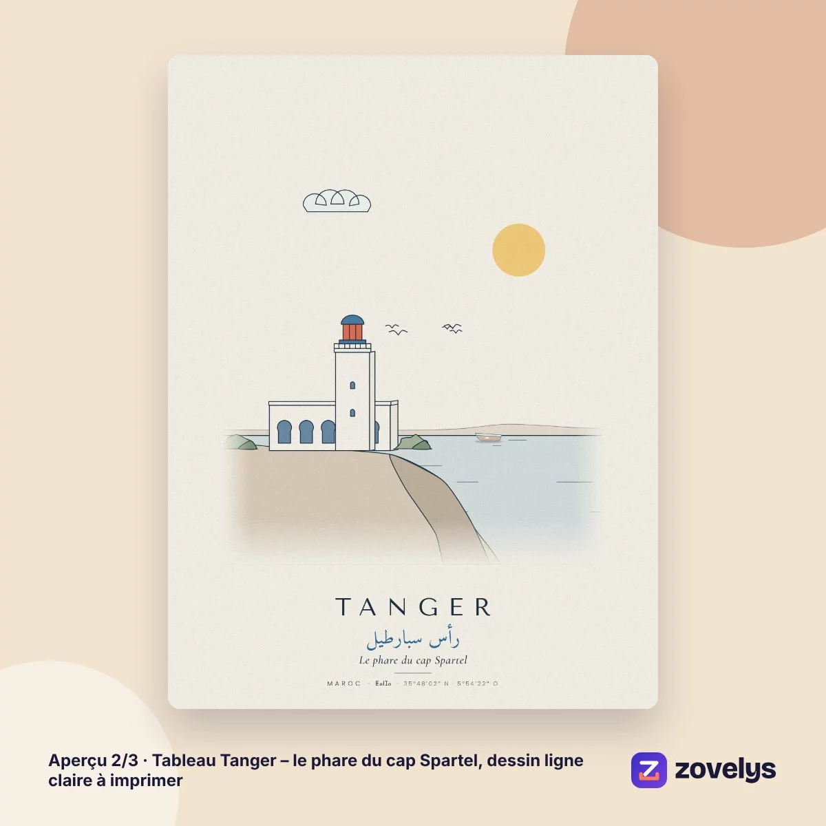 Tableau Tanger – le phare du cap Spartel, dessin ligne claire à imprimer – aperçu 2