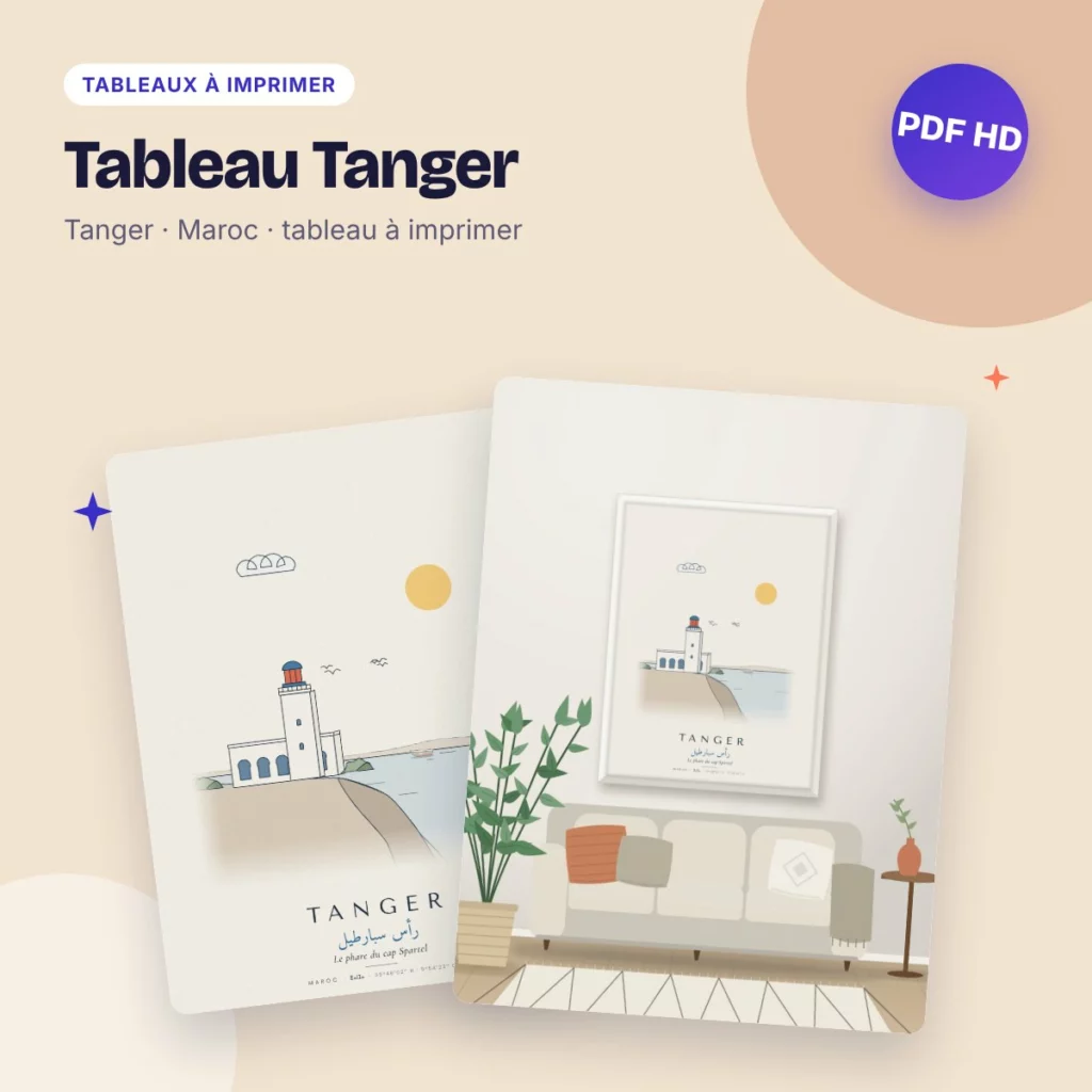 Tableau Tanger – le phare du cap Spartel, dessin ligne claire à imprimer