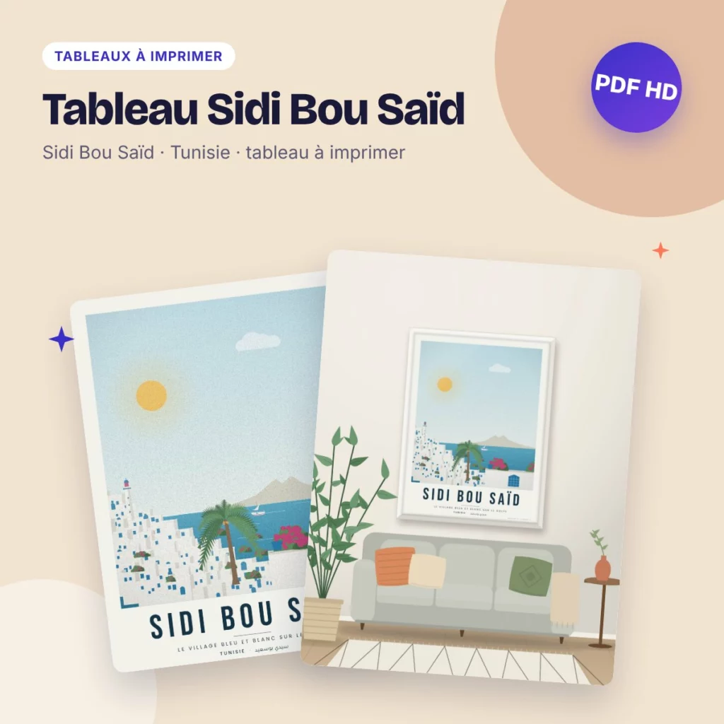 Tableau Sidi Bou Saïd – le village bleu et blanc, affiche de voyage