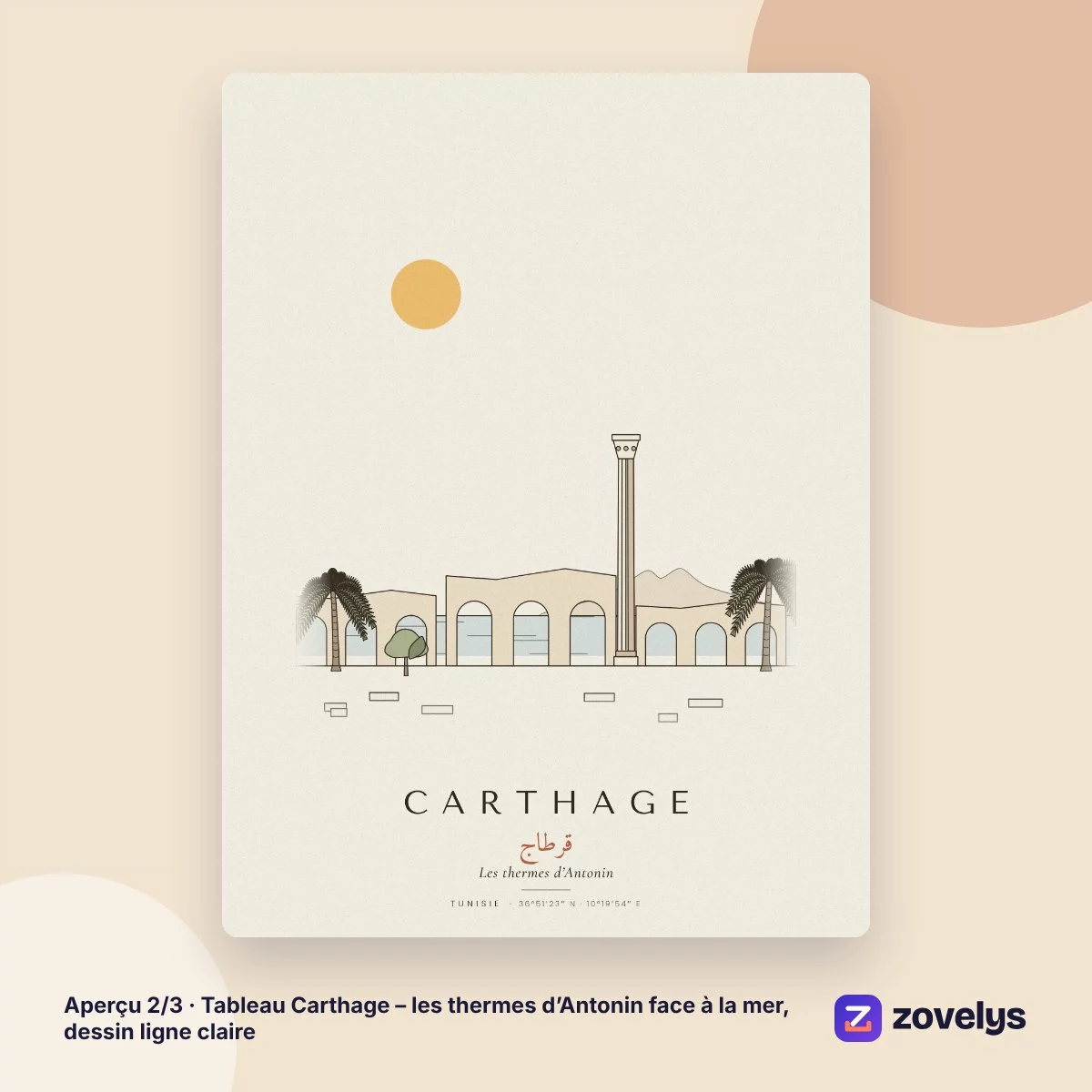 Tableau Carthage – les thermes d’Antonin face à la mer, dessin ligne claire – aperçu 2
