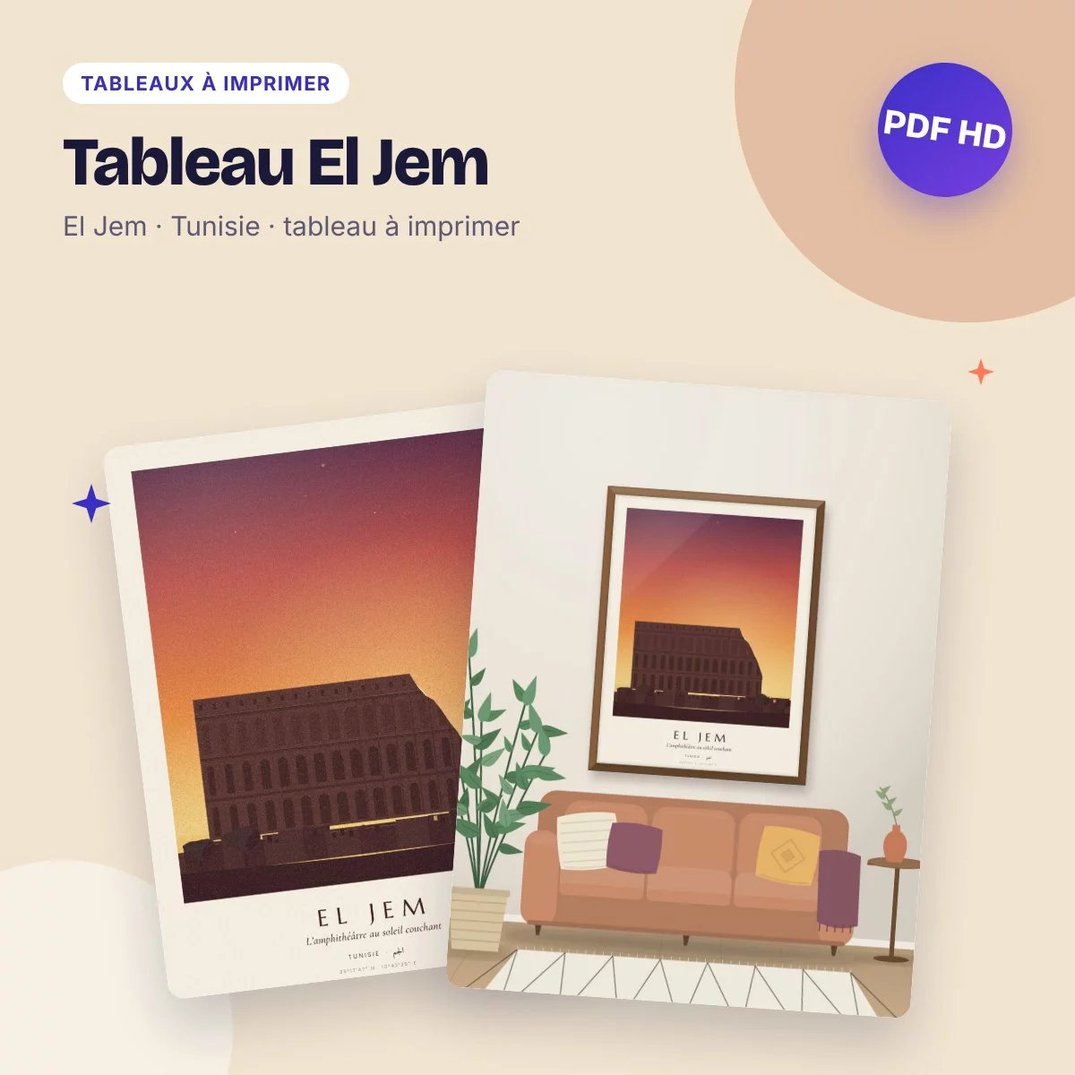 Tableau El Jem – l’amphithéâtre au soleil couchant, PDF haute qualité
