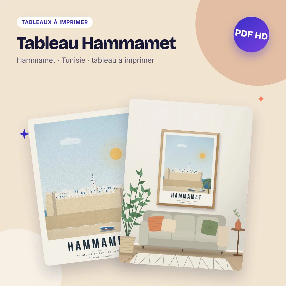 Tableau Hammamet – la médina au bord de la mer, affiche à imprimer