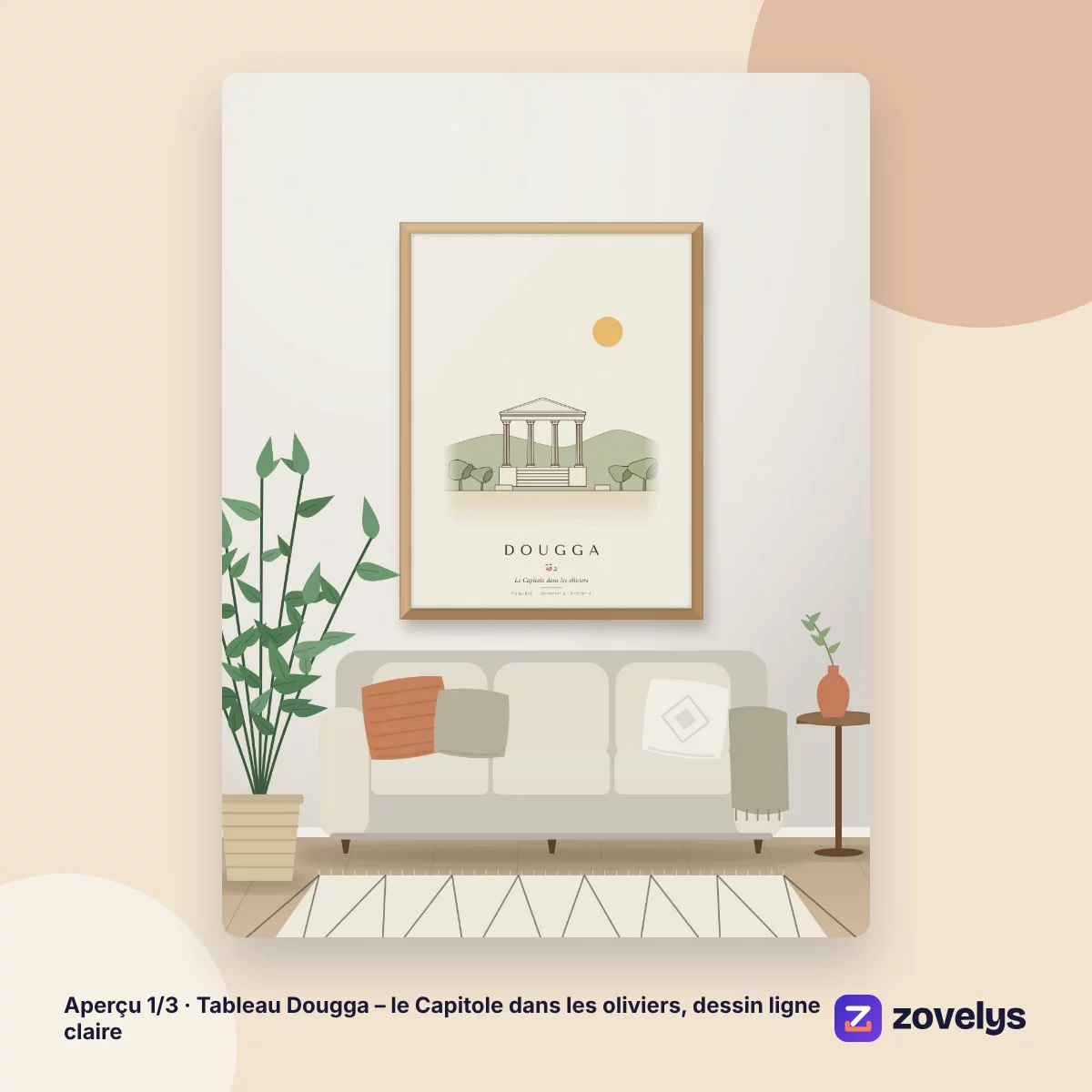 Tableau Dougga – le Capitole dans les oliviers, dessin ligne claire – aperçu 1