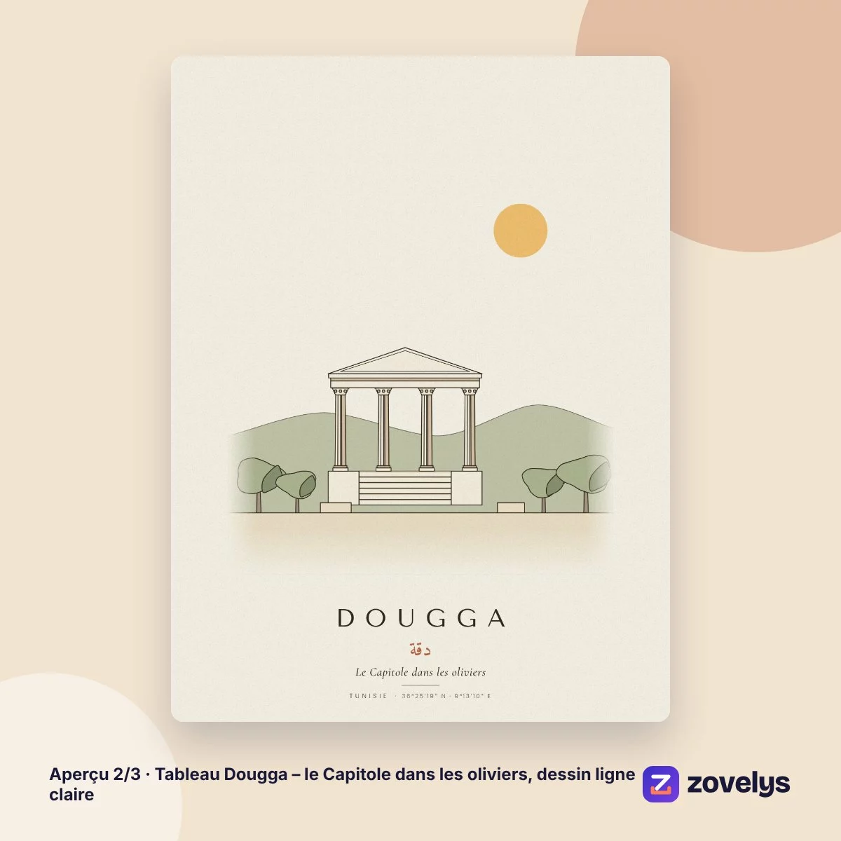 Tableau Dougga – le Capitole dans les oliviers, dessin ligne claire – aperçu 2