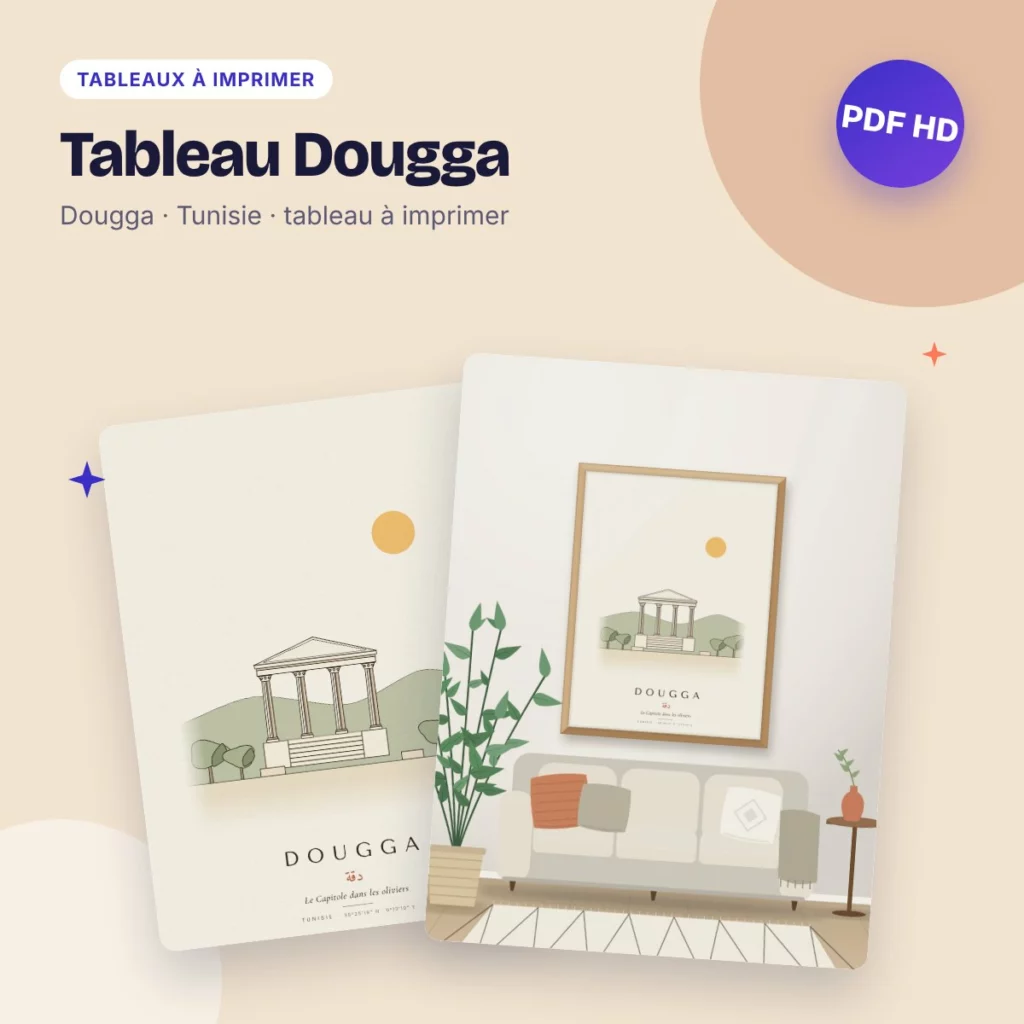 Tableau Dougga – le Capitole dans les oliviers, dessin ligne claire
