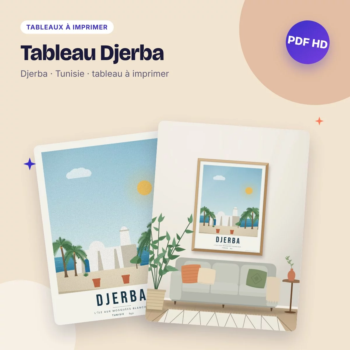 Tableau Djerba – l’île aux mosquées blanches, affiche de voyage