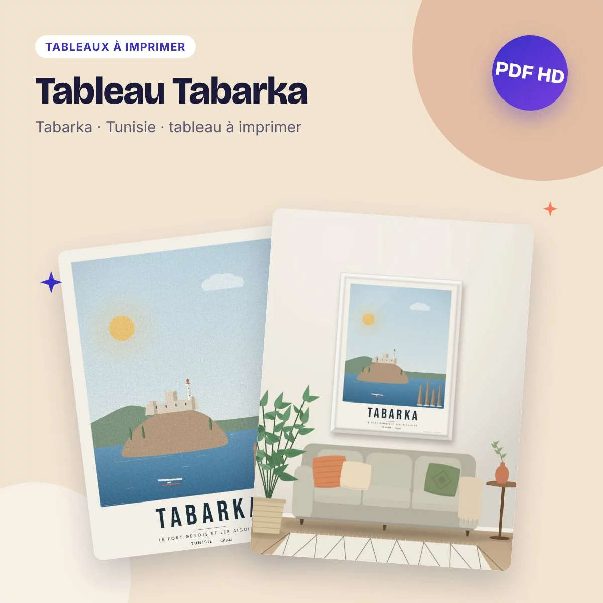 Tableau Tabarka – le fort génois et les Aiguilles, affiche de voyage